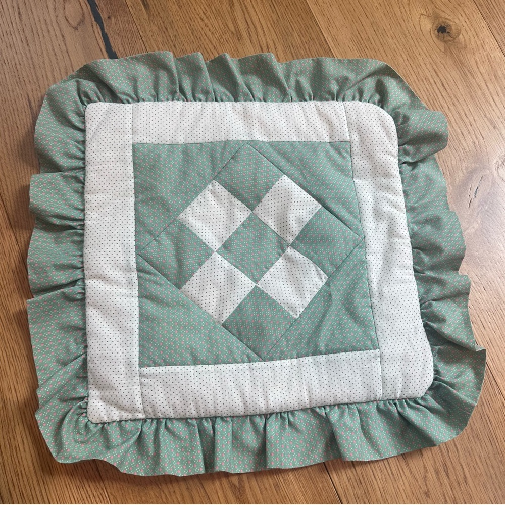 Green and White Quilted Patchwork Pillow Cover